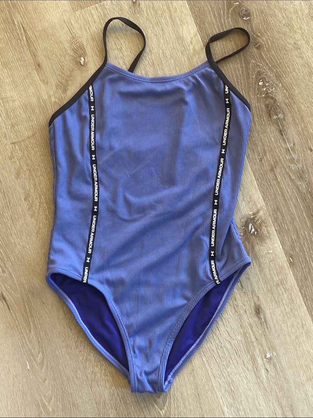 Under Armour Girls' Purple Ribbed One-Piece Swimsuit Black Trim Size 14 ✨